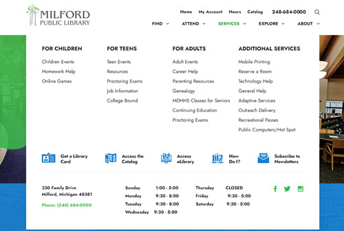 milford public library mega menu design green services