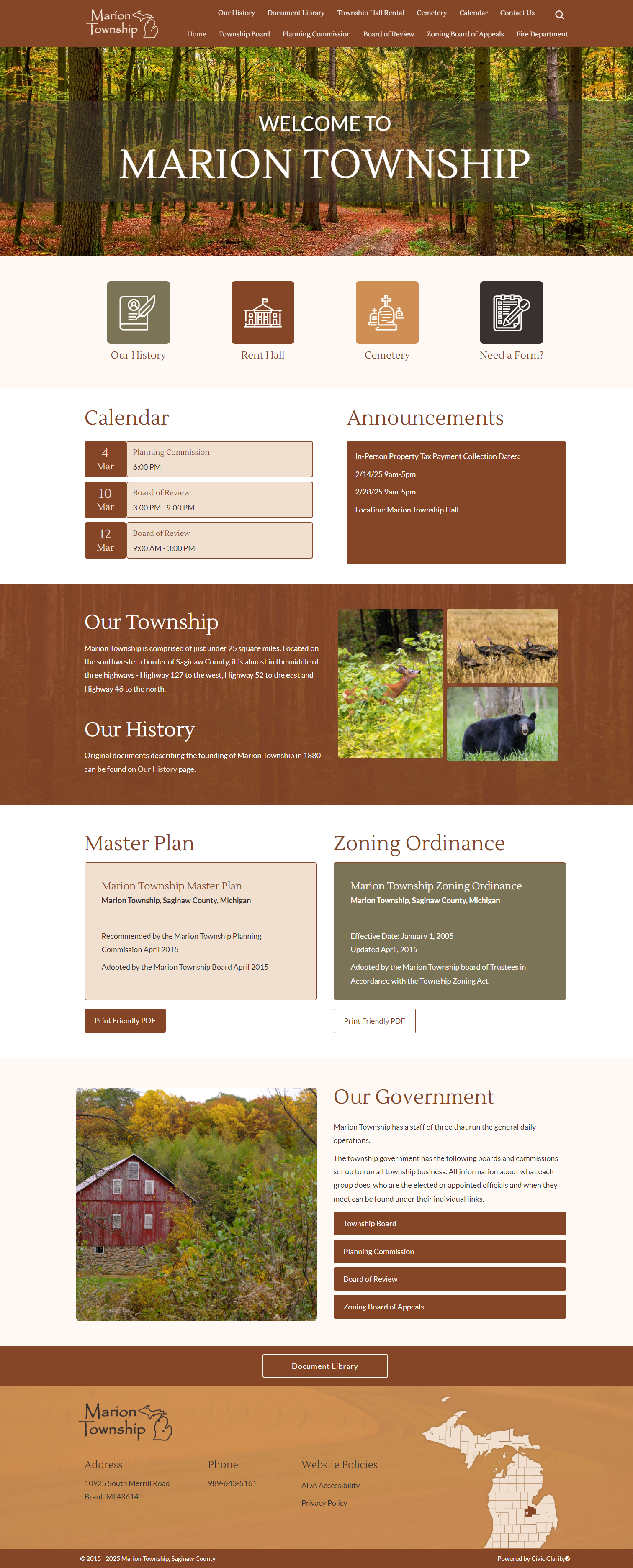Marion Township website homepage screenshot with forest banner.