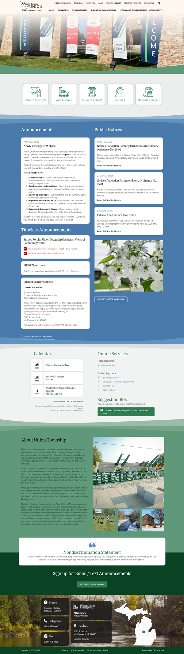 Screenshot of Union Township website homepage