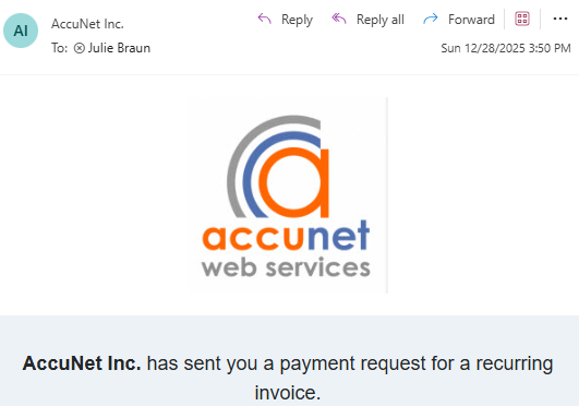 AccuNet Inc. logo and payment request email preview.