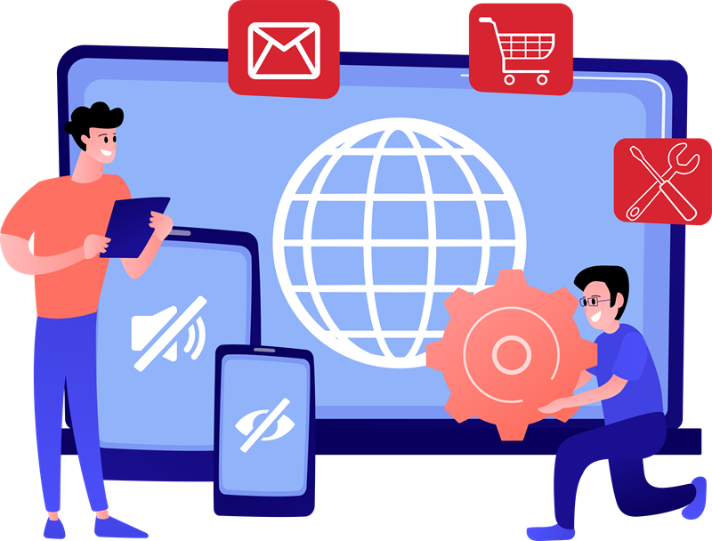 Two men working with technology and global connectivity.