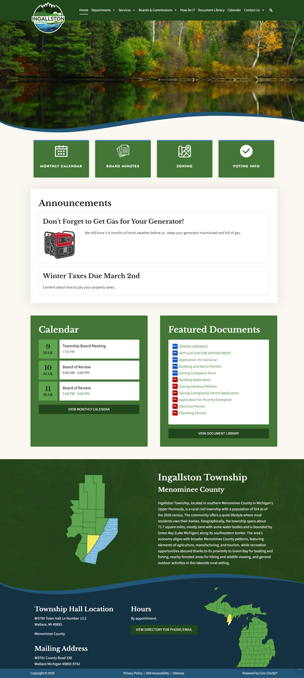 Website homepage for Ingallston Township