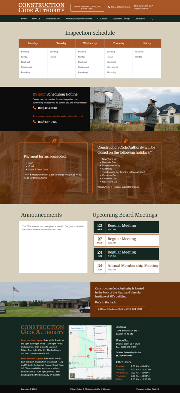 Construction Code Authority website inspection schedule