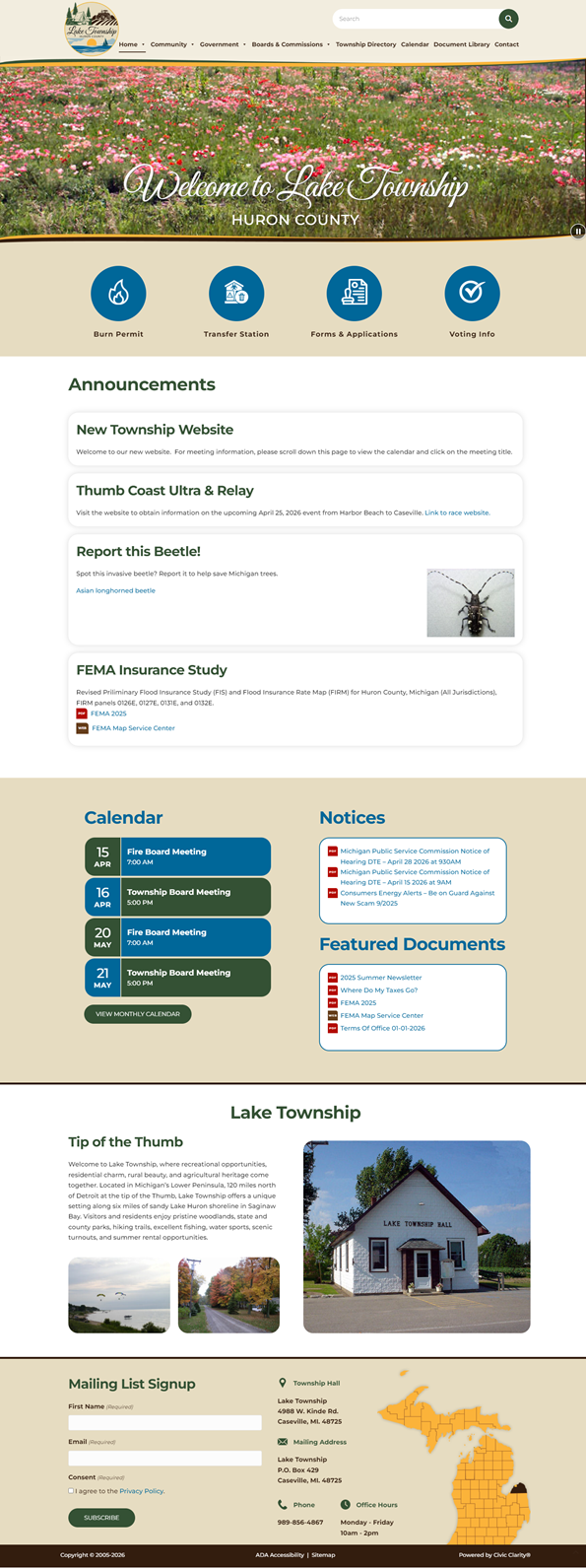 Lake Township website homepage with announcements