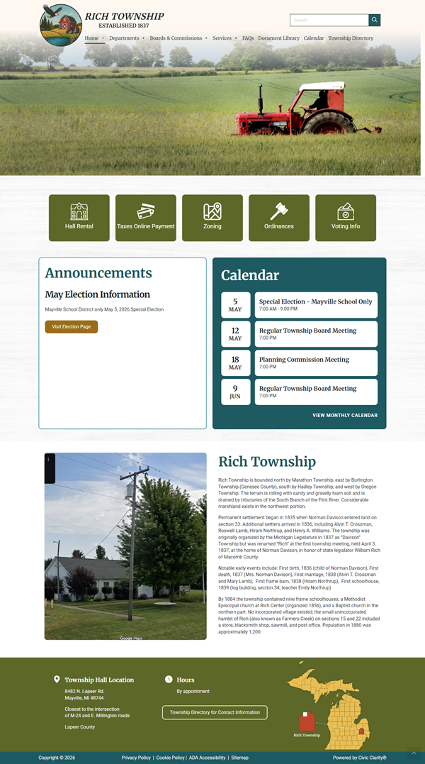 Rich Township website homepage with tractor imagery