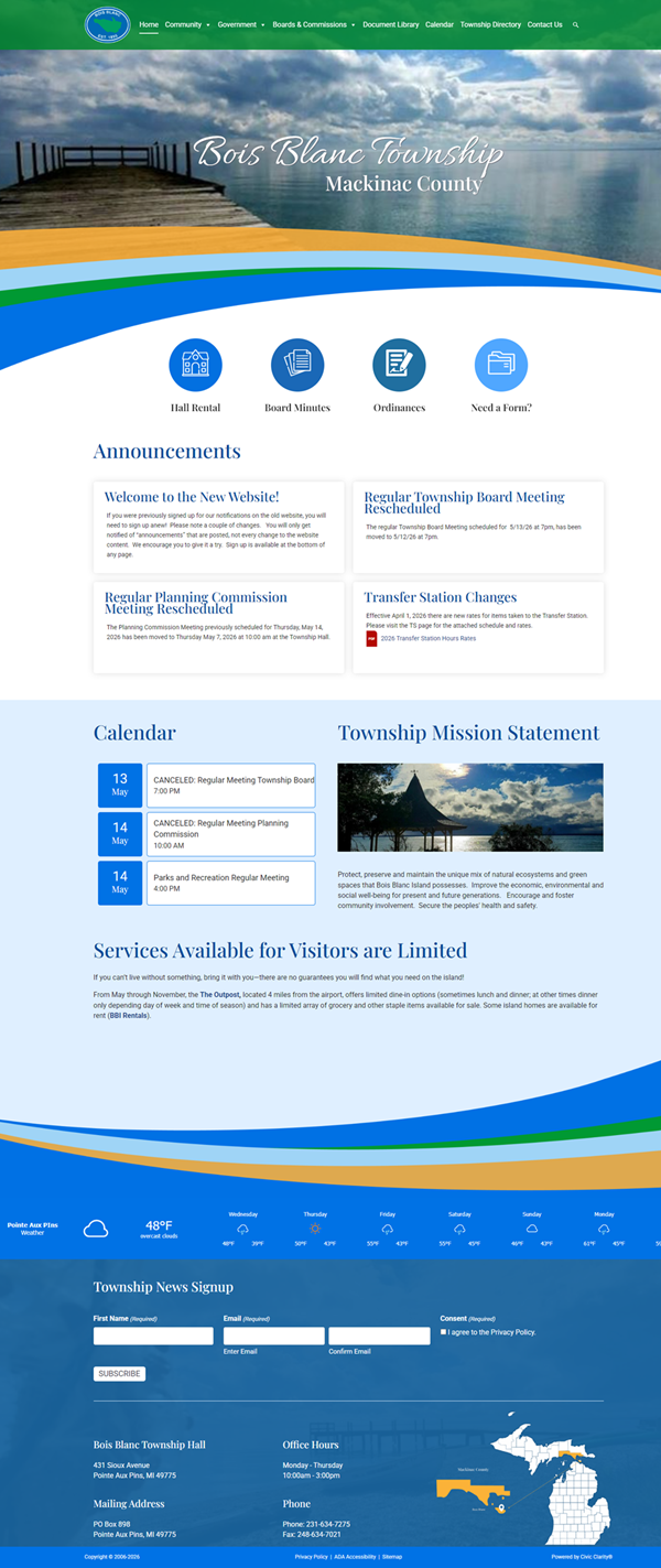 Bois Blanc Township website homepage with lake banner