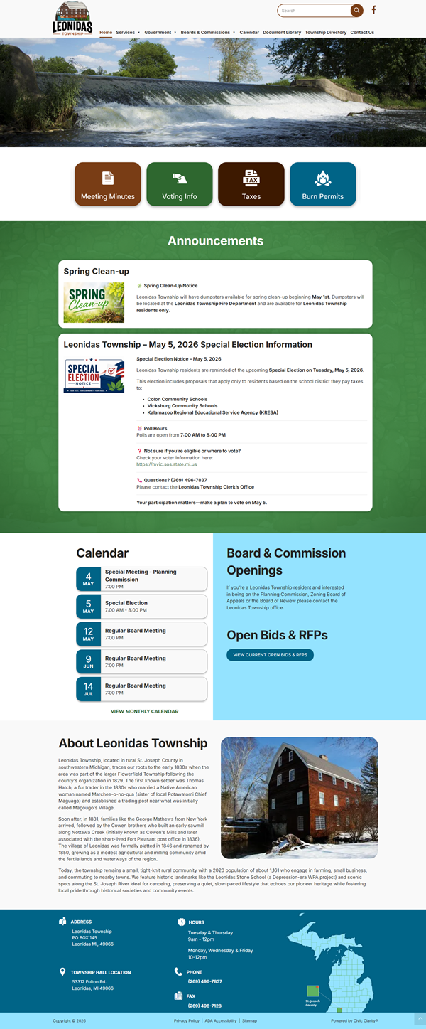 Leonidas Township website with announcements