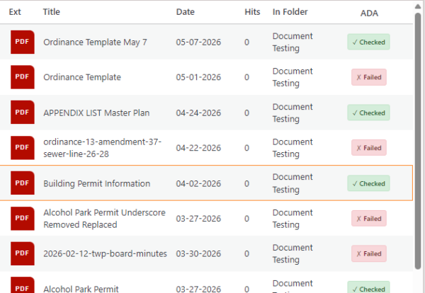 Document list with ADA status indicators
