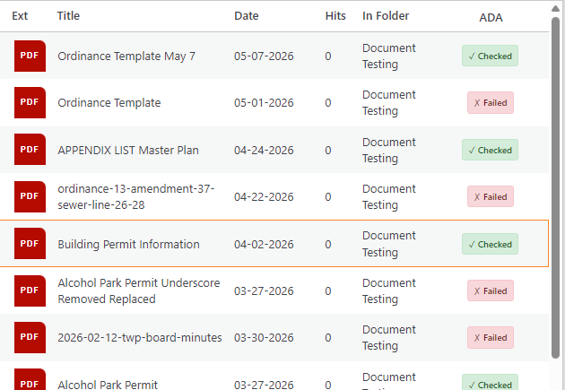 Document list with ADA status indicators