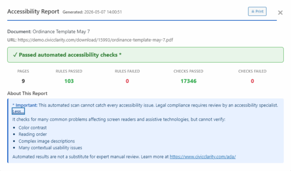Accessibility report showing all checks passed