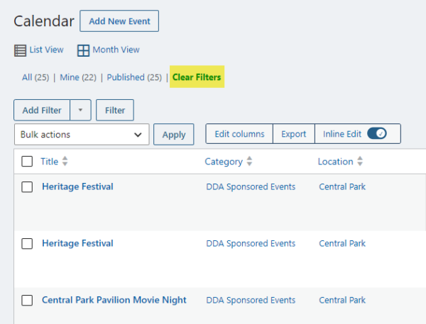 Calendar admin panel listing community events