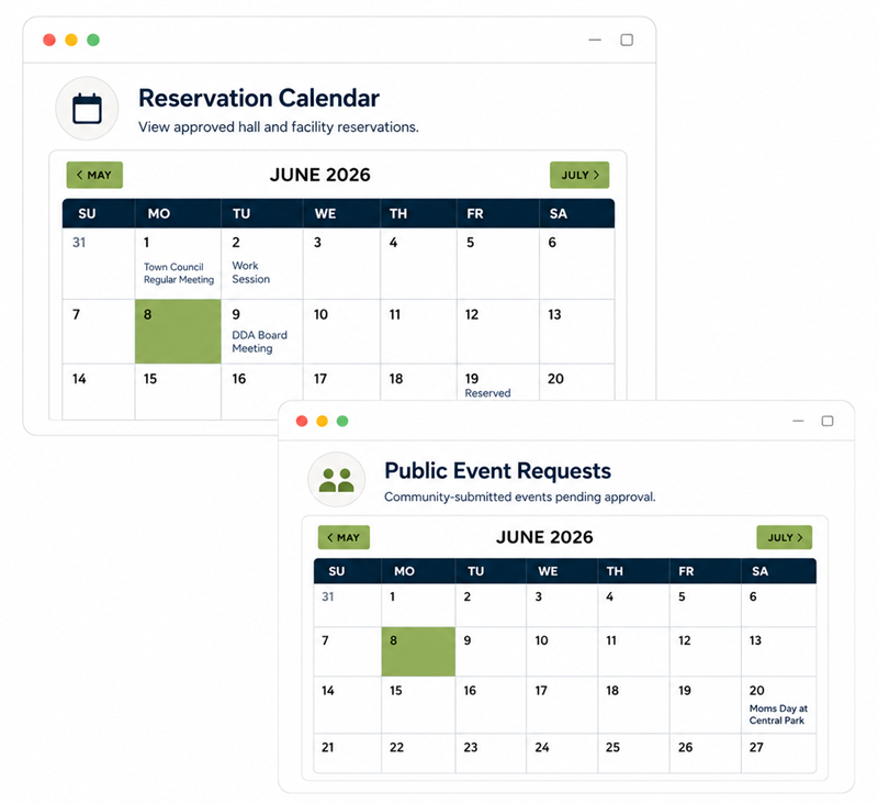 Reservation and public event calendars for June 2026