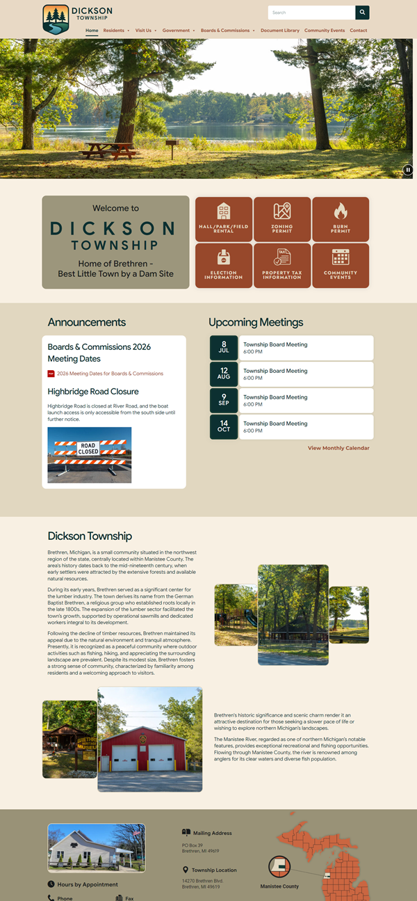 Dickson Township website homepage with lakeside park banner