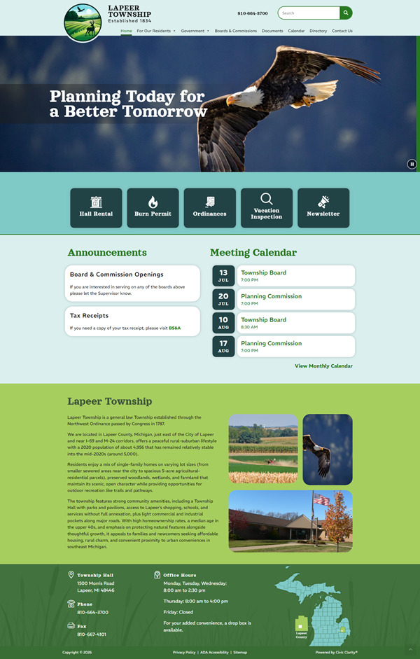 Lapeer Township website homepage with eagle banner