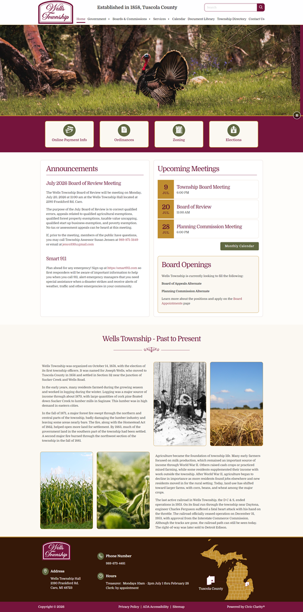 Wells Township website homepage with turkey banner