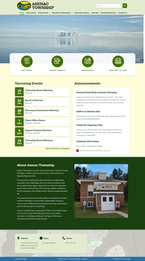 Arenac Township website homepage with lake banner