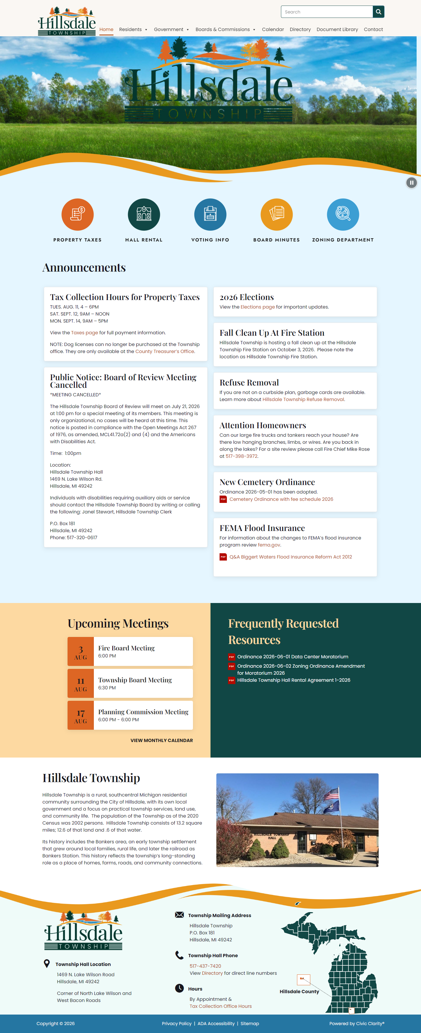 Hillsdale Township website homepage with announcements and meetings