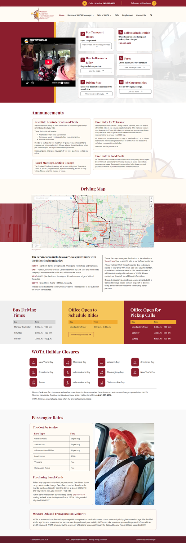 Western Oakland Transportation Authority website homepage with transit information