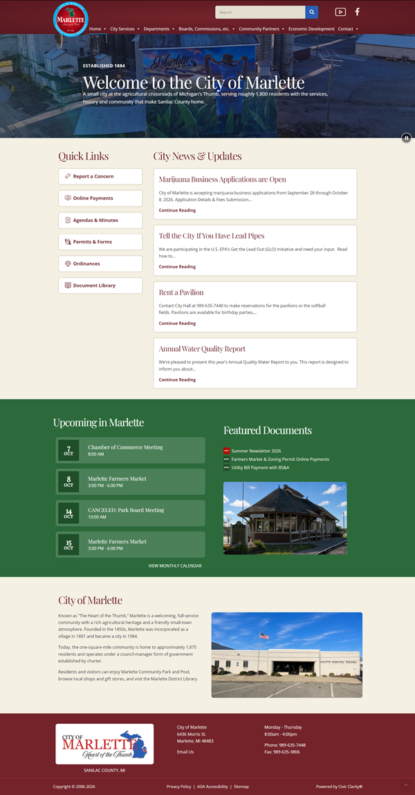 City of Marlette municipal website homepage screenshot